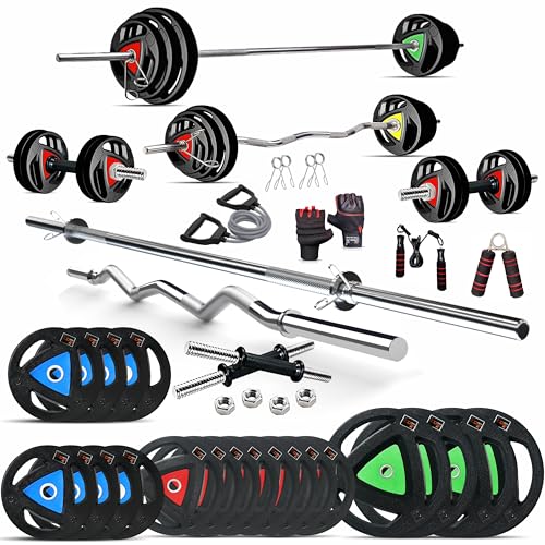 Image of DREAM FIT Rubber Coated Metal Integrated Weight Plates 100Kg Professional Home Gym Combo with 23mm 3ft curl rod, 23mm 5ft straight rod, 1 pair dumbbell rods with steel nuts and gym accessories (100kg set)