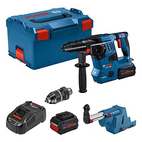 Bosch Professional 18V System Akku-Bohrhammer GBH 18V-28 CF (mit SDS plus, 3,3 J Schlagenergie, inkl. Schnellspannbohrfutter, 2x 0Ah ProCORE-Akku, Ladegerät, GDE 18V-16, in L-BOXX)