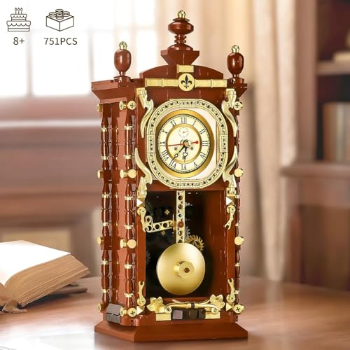 Image of SKY LINE OCEAN Vintage Swing Clock Building Blocks Set - 751 PCS Real Working Mechanical Clock with Alarm, Moving Pendulum, Rotating Dial, Electroplated Gold Finish | 6 Months Structural Warranty