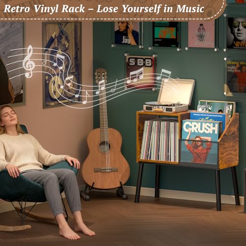Image of Record Player Stand with Storage, 3-Tier Step Vinyl Record Storage Holder up to 200 Albums, Small Vintage Record Player Table, Turntable Stand Recordsfor Living Room, Bedroom