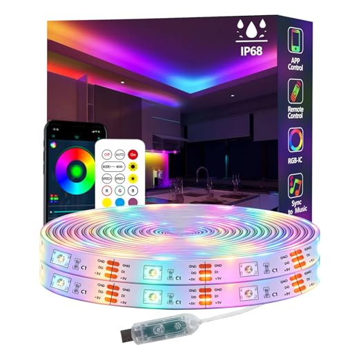httpsmp 10m Ws2812 RGB+IC LED Streifen, IP68 Wasserdicht, 5V USB Betrieben, Musik Sync, Bluetooth App/RF Fernbedienung, Lichter für Balkon, Deck, Camping, Garten, Schlafzimmer, Dekor