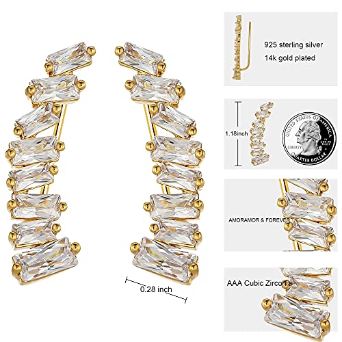 Amoramor & Forever Sterling Silver Ear Climbers Earrings For Women 14K White Gold Plated Ear Cuff Crawler Earrings For Women Girls Hypoallergenic 8 Square Cz Cubic Zirconia Studs (Yellow Gold + Clear) #TOP1