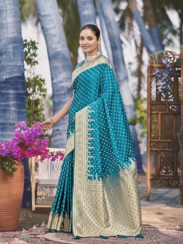 Image of MANOHARI Women's Trendy Banarasi Satin Silk Woven Saree with Heavy Jacquard Work, Elegant Design, Silk Saree with Maching Lace Border Unstitched Blouse Piece for Weddings & Festive Occasions