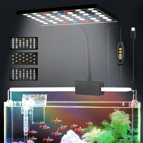 Illuminazione a LED per acquario, 14 W, 3 modalità, lampada a LED per acquario, luce a LED, 10 luminosità regolabile, clip on a spettro completo, illuminazione a LED per acquario, con 3 colori misti