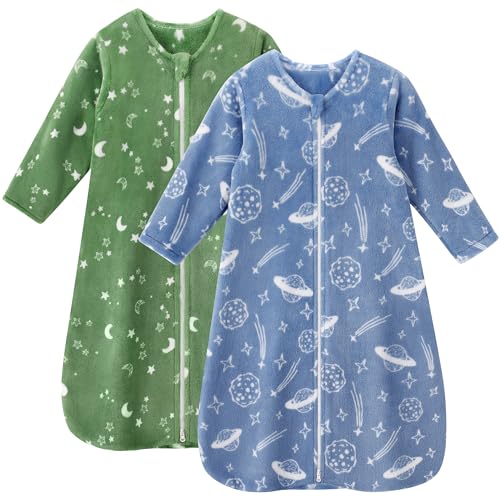 Image of Unnivoll Fleece Baby Sleep Sack 0-6 Months Long Sleeve 2.0 Tog Baby Wearable Blanket with 2-Way Zipper Warm Sleeping Sack for Toddler Infant Newborn - Small Blue Green Planet