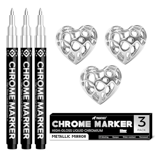 Pagather 3Pcs Chrome Paint Markers, Silver Permanent Mirror Liquid Chrome Pens for Plastic, Metal, Model, Jewelry, Wheel Painting, Touch Up & Repair Kit, DIY Art Projects
