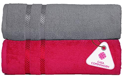 Image of Casa Copenhagen, Germany Design - Ember Super Soft Collection 2 Pieces 100% Cotton Large Bath Towel (Size : 70 x 150 cm) - Grey Violet & Pink