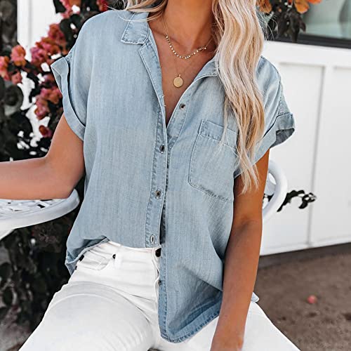 NLAVW Womens Summer Button Down Denim Shirt Short Sleeve Casual Shirts Tops Loose Fit Jean Jacket Blouses Fit Tunic Blouse2