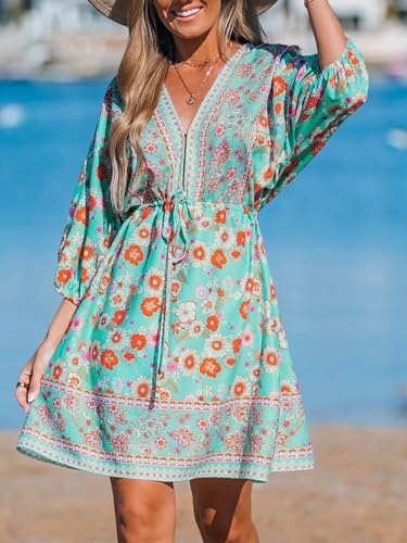 Image of CUPSHE Women's Plunging V Neck Backless Beach Dress Paisley Boho Blouson Sleeve Back Tie Waist Tie Mini Summer Dresses