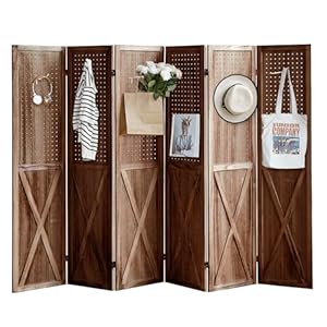 6 Panel Pegboard Room Divider, 5.6Ft Pegboard Display Folding Privacy Screens, Wood Room Divider Peg Board Display Freestanding for Trade Show Craft Show Home Wall Organizer, Brown