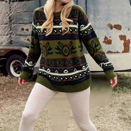 Image of Women Vintage Striped Pullover Sweater Y2k Long Sleeve Crew Neck Loose Knit Sweaters Fall Winter Knitwear