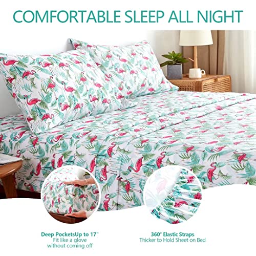 Cal King Size Bed Sheets Set 4Pc - Soft Cooling 1800 Thread Count Microfiber Printed Sheet, 8 - 17" Deep Pocket Breathes Better, Hypoallergenic, Wrinkle Free, Flamingo Plants Patterned Double Bedding #TOP4