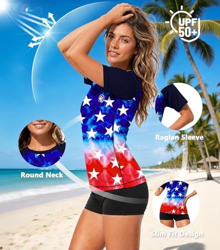 Image of AOBUTE Women Short Sleeve Rash Guard Gradient Sun Protection Swim Shirts