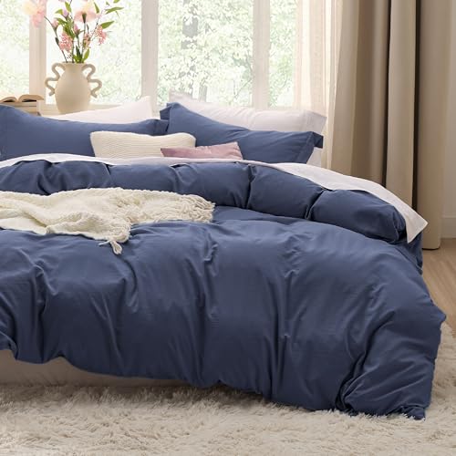 Image of Bedsure Navy Blue Duvet Covers Queen Size - Prewashed Cotton-Like Polyester Duvet Cover, Soft Queen Duvet Cover Set 3 Pieces with Zipper Closure, 1 Duvet Cover 90x90 inches and 2 Pillow Shams