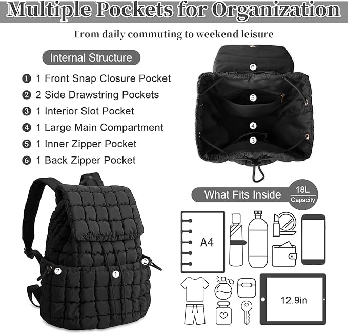 Image of MOCA Quilted Puffer Backpack for Women, Nylon Puffy Casual Girls Womens Backpack, Lightweight Hiking Gym Daypack Preppy Travel Bag with Adjustable Top Flap Drawstring