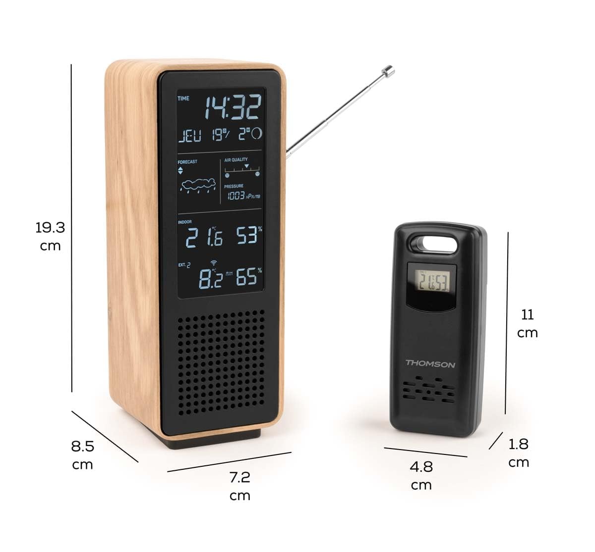 THOMSON Bluetooth-Lautsprecher 5.3 und kabellose Wetterstation, UKW-Radio, Funkuhr, Innen-/Außenthermometer und -hygrometer, Luftqualität, Holzgehäuse - Schwarz - WS102TBK