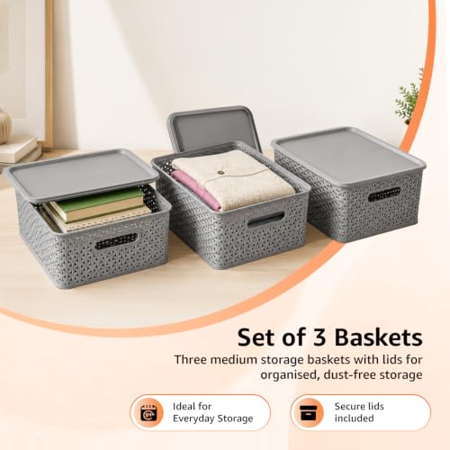 Image of Amazon Basics Set of 3 Plastic Storage Baskets with Lid - Stackable Organiser for Wardrobe, Kitchen, Clothes, Toys, Books, Office, Stationery - Multipurpose (Medium, 36x30x13 cm | Grey, Rectangular