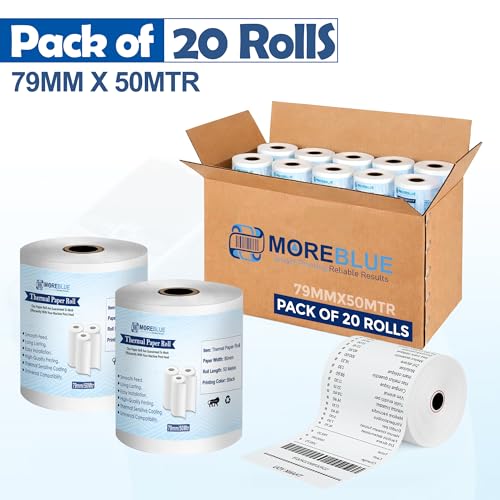 Image of MOREBLUE 3 Inch Thermal Paper Rolls (79mm x 25m, 55 GSM) | Ink-Free BPA-Free Receipt Paper for POS Machine, Billing Machine & Thermal Printers Pack 20