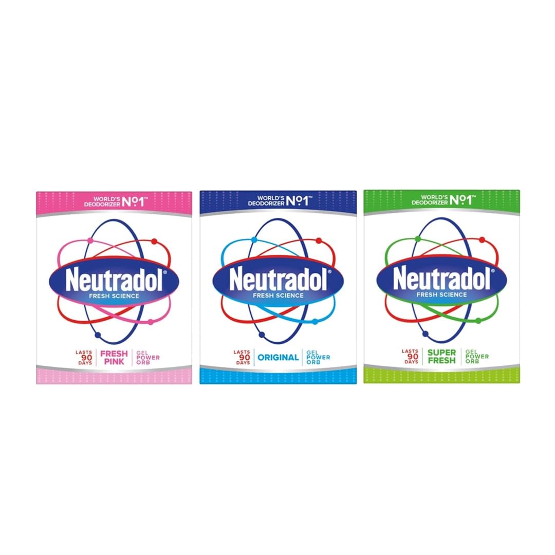 NeutradolSlow Release Gel, Air Freshener and Odour Eliminator, No Plug or Spray Needed, Super Fresh, Fresh Pink & Original, Multipack of 3 x 135g