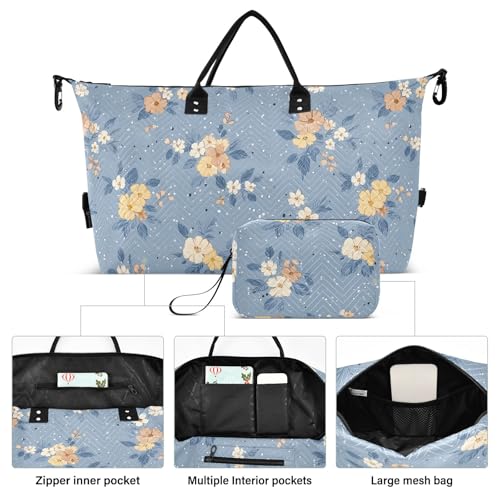 Large Travel Duffel Bag Sports Tote Gym Bag Overnight Weekender Bags Blue Background Floral Carry On Luggage with Toiletry Bags2