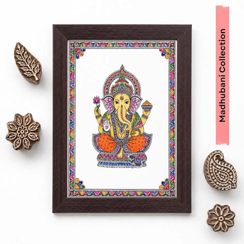 Image of PAPER PAJAMA Lord Ganesha Vastu Wall Art for Living Room | Madhubani Ganpati Bappa Painting | Traditional Mithila Religious Framed Decor for Home, Office & Pooja Room (10x13 Inches)
