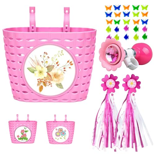 Suerico Girls Bike Basket Front Handlebar Bicycle Basket with Bike Horn,Bike Wheel Beads,Stickers,Bike Handlebar Streamers Kids Bike Decoration Accessories Kit Gift