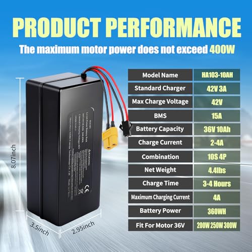 Image of KORNORGE 36V Ebike Battery, 36V 10Ah Rechargeable Lithium Battery with T-Plug, XT60 Connector and BMS for 0-350W Motors E-Scooters, ATVs, Electric Bikes, Solar Storage