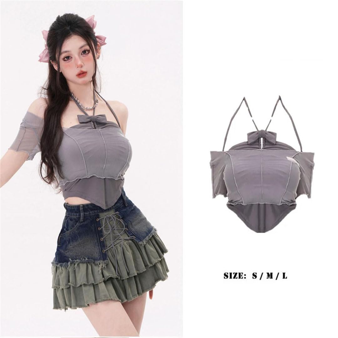 Halter Camis gasa fuera del hombro lazo nudo mujeres top corto