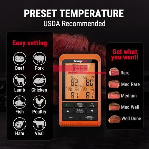 Image of TempPro TP829 1000ft Wireless Meat Thermometer Digital for Grilling and Smoking, 4 Meat Probes Grill Thermometer for Outside Grill, BBQ Thermometer for Cooking Food Temperature (Previously ThermoPro)