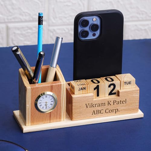 Image of Deskart Customized Multipurpose Pen Holder Stand | Premium Wooden Desk Organizer with Clock, Flip Calendar, Business Visiting Card and Mobile Holder