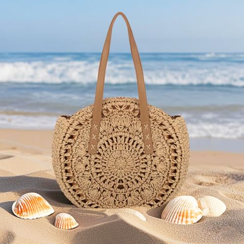 Image of Naimo Women Straw Beach Shoulder Bag Woven Tote Handbag Large Handmade Weaving Summer Casual Hobo Bag