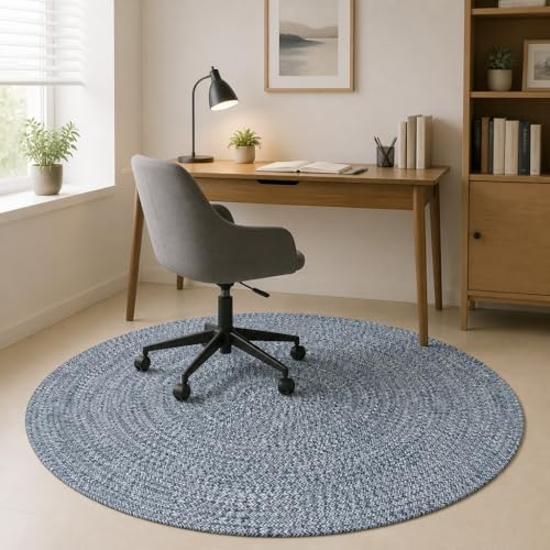 Image of Handmade Cotton Braided 4x4 feet Throw Rug - Washable, Low Pile Reversible Floor Mat for Bedroom, Kitchen, Entryway & Living Room - Eco-Friendly Woven Carpet - (Light Blue, Round)