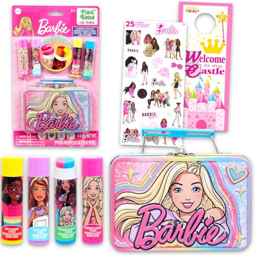 Barbie Lip Balm Set - Bundle with 4 Moisturizers with Swirl Flavors Carrying Tin Stickers and More | Barbie Lip Balm Kit for Kids