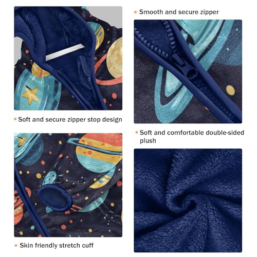 Space Themed Planets Pattern Toddler Fleece Jacket Girl Boys Hooded Fleece Jacket Coat Warm Outwear Zip-up 3-10T3