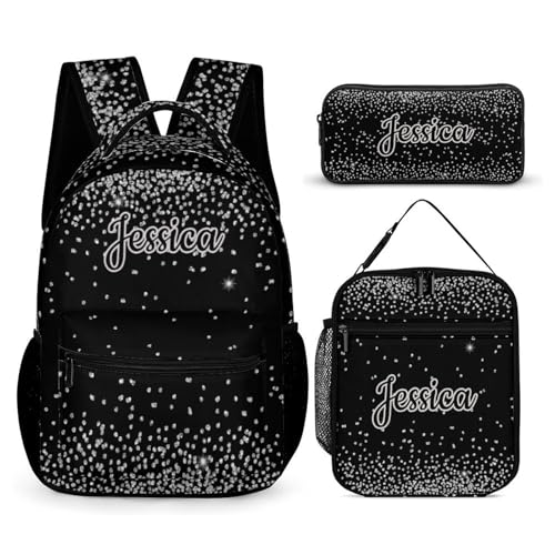 Sparkle Bling Silver Print Custom Backpack with Name Personalized School Backpacks for Girls Boys Bookbag with Lunch Box Pencil Case Back to School Gift