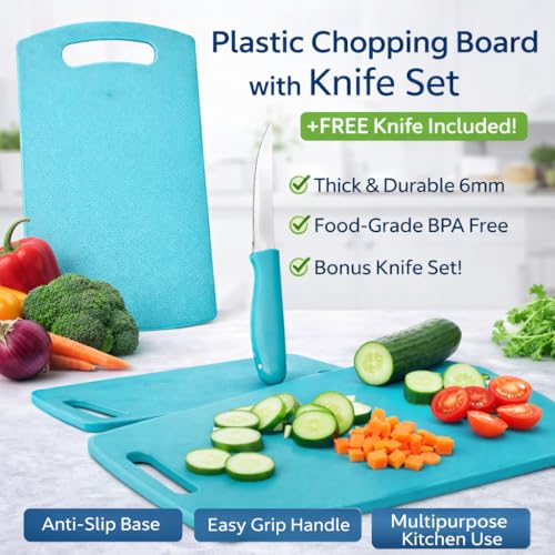 Image of Multipurpose Plastic Chopping Board with Free Knife | 6mm Thick Heavy Duty Cutting Board | BPA Free Non-Slip Kitchen Board for Vegetable, Fruit & Meat | Easy Grip Handle Kitchen Cutter Board