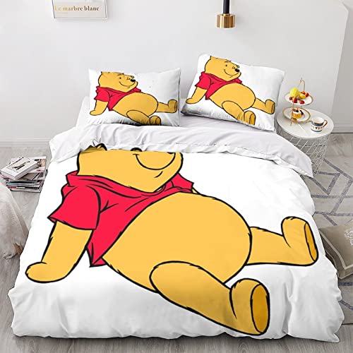 BIVEE Winnie l’Ourson 3 Pcs Housse De Couette Ensemble De Imprimé 3D Taie d'oreiller Animation Parure De Lit Linge Literie avec Taie d'oreiller Éclair pour...