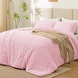EXQ Home Fluffy Comforter Set King Size - Super Soft Faux Fur 3D Grid Jacquard Comforter 3 Pieces, Pink Fleece Bedding Set,Winter Warm Bed Set,1 Comforter with 2 Pillowcases