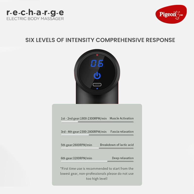 Pigeon Pulse Gun Massager with Digital display, 4 Heads, 6 Speed, Rechargeable, Handheld, Percussion Muscle Massager for Full Body Pain Relief, Muscle Relaxation of Neck, Shoulder, Back, Foot for Men & Women (Black) Pigeon Pulse Gun Massager with Digital display, 4 Heads, 6 Speed, Rechargeable, Handheld, Percussion Muscle Massager for Full Body Pain Relief, Muscle Relaxation of Neck, Shoulder, Back, Foot for Men & Women (Black)
