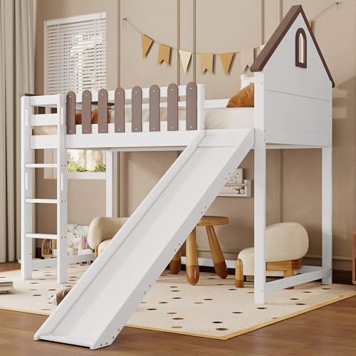 Cama alta cama casa 90x200 cm con tobogán y escalera, litera cama infantil con espacio de almacenamiento y somier, estructura de cama con protección anticaídas, blanco