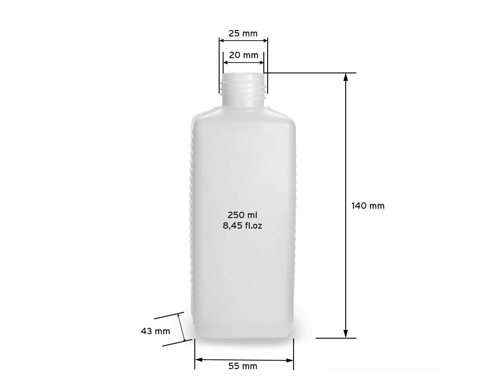 Octopus 1000x Botellas de plástico de 250 ml, botellas de plástico HDPE con tapones roscados negros, botellas vacías con tapones roscados, botellas cuadradas con etiquetas de etiquetado