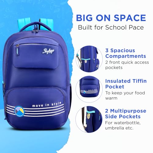Image of Skybags Bussin Blue 42 Liters Casual Backpack for Boys & Girls with Insulated Tiffin Pocket & Rain Cover | 3 Compartments | Perfect for School & Travel - Unisex