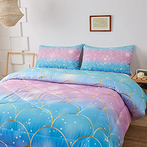 Image of Mermaid Fish Scales Bedding Comforter Set, Magical Colorful Seamless Pattern with Fish Scale net,Pink Blue Gold Colorful Mermaid Skin Surface,Comforter Sets with 2 Pillow Shams,Twin Size