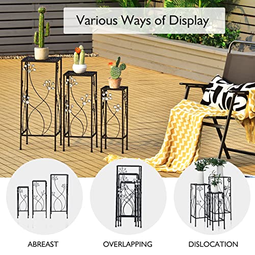 Giantex Set Of 3 Metal Plant Stand, 3 Pieces Flower Pots Display Rack With Vines And Crystal Floral Design, Irons Planter Supports End Table For Home Patio Garden (Square) #TOP4