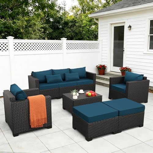 Rattaner Patio Furniture Set 6 Pieces Couch Outdoor Chairs Coffee Table Peacock Blue Anti-Slip Cushions and Waterproof Covers