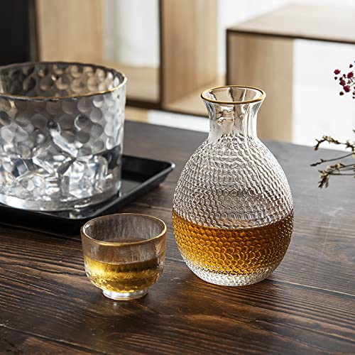 Bollaer Sake Pot Set, Japanese Cold Sake Glasses, Clear Unique Trendy Floating Design, 1 Sake Carafe Bottle 1 Sake Tank And 4 Saki Cups For Cold/Warm/Hot Sake, Birthday Housewarming Gift Set #TOP4