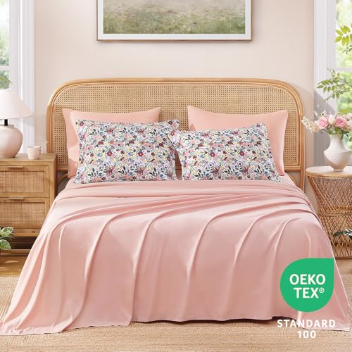 Image of Andency Queen 7 Piece Reversible Comforter Set, Floral Bedding Set,Pink | Botanical Floral Bed in a bag, Double-sided,90 inchx90 inch, All Season Use, Farmhouse Vintage Rustic Down Alternative for Bedroom