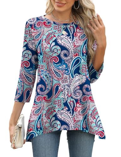 LOMON 3/4 Sleeve Tunic Tops for Women Loose Fit Dressy Casual Blouse Flowy Shirts to Wear with Leggings S-3XL