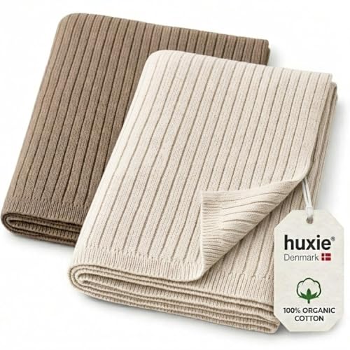 Image of 100% Organic Cotton Knit Receiving Baby Blanket for Newborns - Soft, Breathable Blanket for Crib & Stroller - Nursery Gift 2-Pack (Ribbed Ivory & Mochachino)