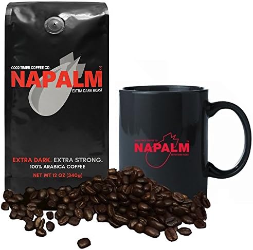 Napalm Coffee Gift Set Extra Dark Roast Premium Arabica Whole Bean 12 Ounce Bag & One Ceramic Coffee Mug